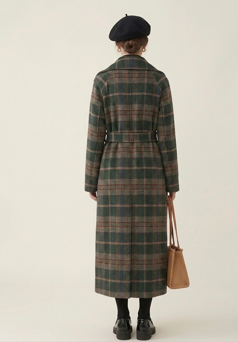 Forest green plaid longline coat back view with belt at waist and full length hem