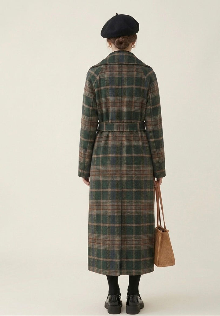 Forest green plaid longline coat back view with belt at waist and full length hem