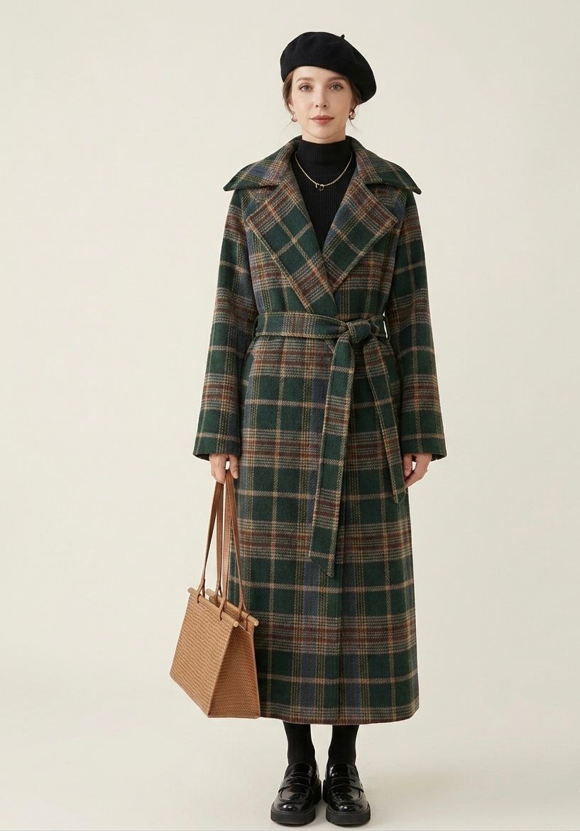 Forest green plaid longline coat with belt, notched lapels and side pockets, worn