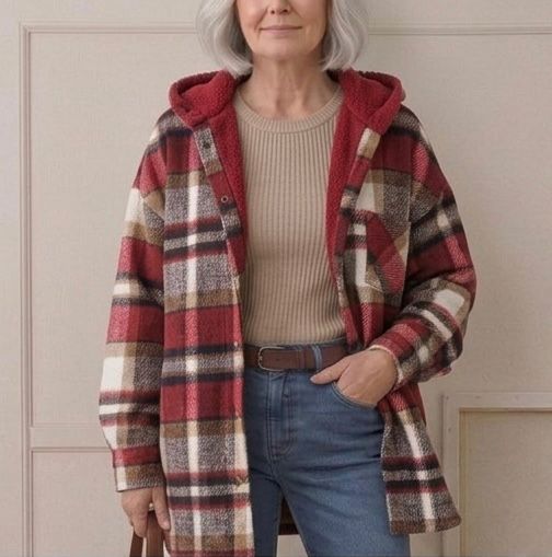 Hooded flannel shacket in red, brown, and cream plaid with sherpa-lined hood