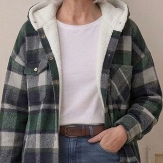 Green plaid hooded flannel shacket with tan sherpa lining and front buttons