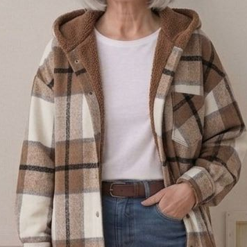 Hooded flannel shacket close-up: tan-and-brown plaid with sherpa-lined hood