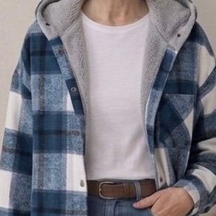 Hooded flannel shacket close-up in blue plaid with gray sherpa hood lining