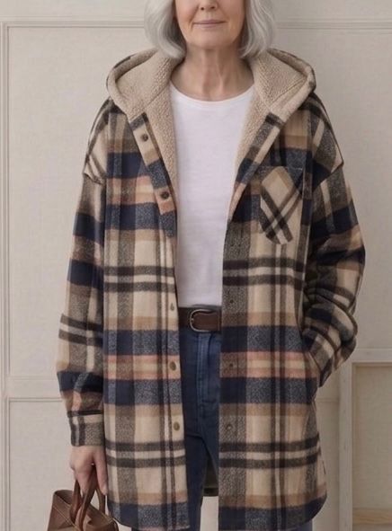 Hooded flannel shacket on body: beige-and-navy plaid with tan sherpa hood lining