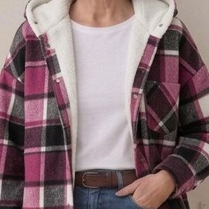 Hooded flannel shacket close-up in burgundy plaid with cream sherpa hood lining