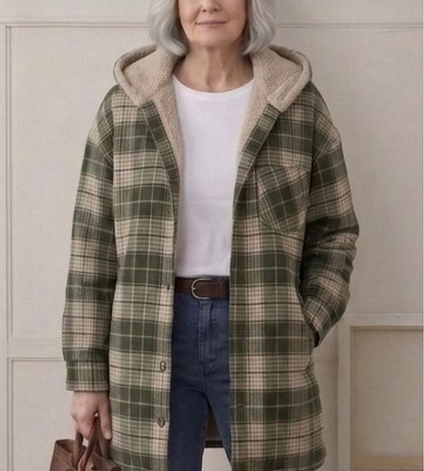 Green plaid hooded flannel shacket with tan sherpa hood, front buttons, and side pockets