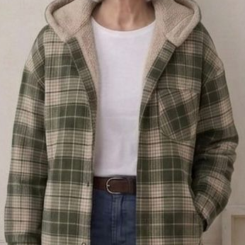 Green plaid hooded flannel shacket with tan sherpa collar lining and button closure