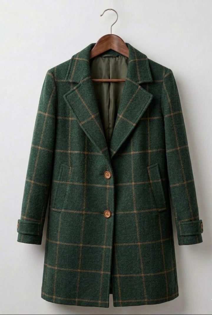 Dark green plaid tweed coat with notched lapels and two-button front