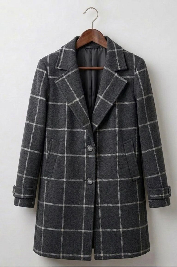 Dark gray plaid tweed coat with notched lapels and button front