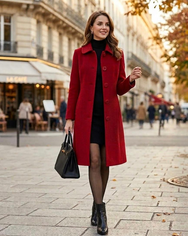 Red mid-length coat with notched collar and button front, long sleeves.
