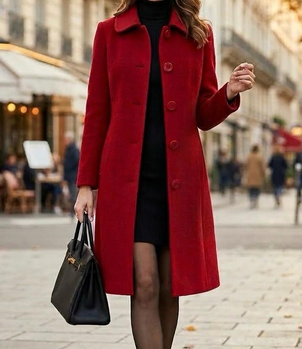 Red mid-length coat with notched collar and button placket over dark dress.
