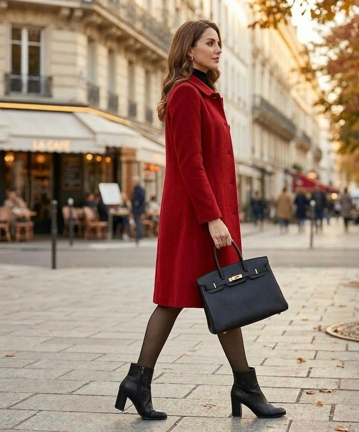 Red mid-length coat with button front and structured shoulder, side view.