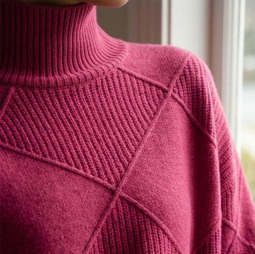 Rose turtleneck jumper with ribbed collar and diamond cross-stitch