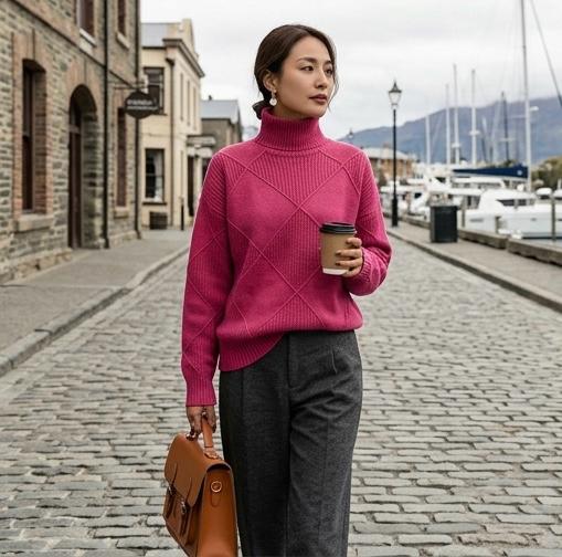 Rose turtleneck jumper sweater with geometric diamond knit on chest