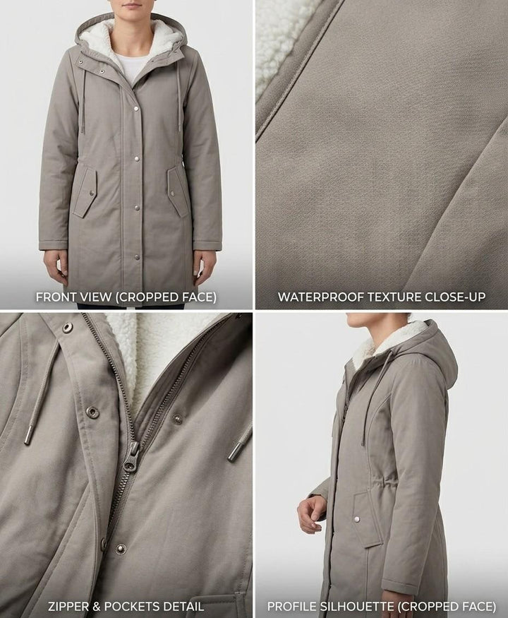 Waterproof long parka in light taupe with hood, sherpa lining, zipper and pocket details.