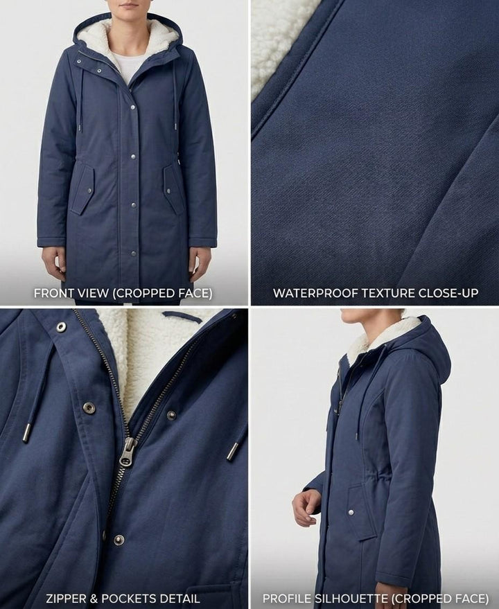 Navy waterproof parka with sherpa hood lining, zip front, and side pockets