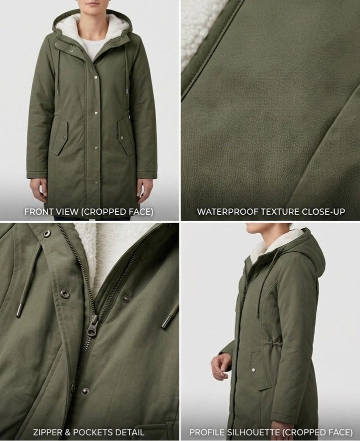 Waterproof long parka in dark olive with hood, zip front and side pockets, sherpa lining.