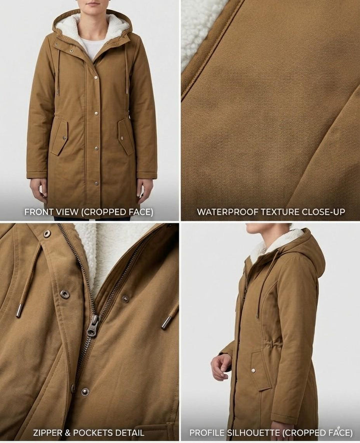 Waterproof long parka in warm brown with hood, zipper and pocket details, sherpa lining.