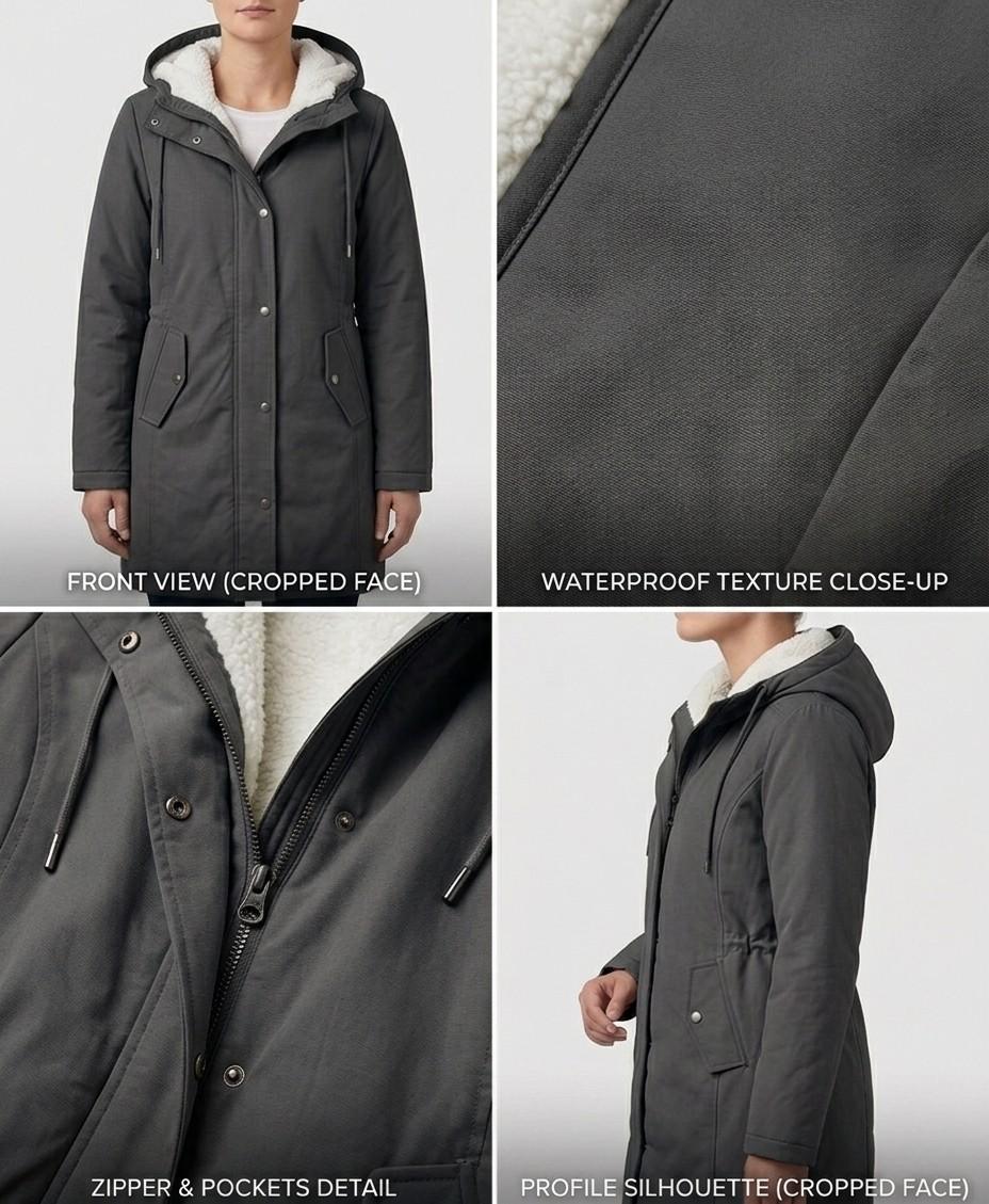 Black waterproof parka with sherpa lining, zip front, and drawstring hood
