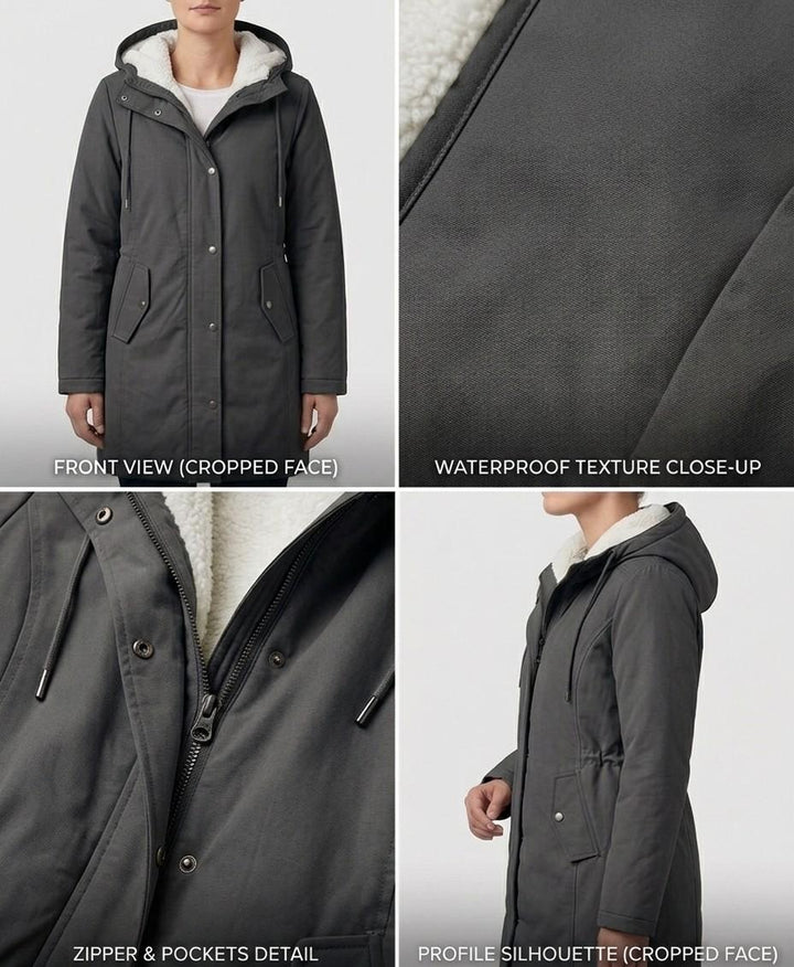 Black waterproof parka with sherpa lining, zip front, and drawstring hood