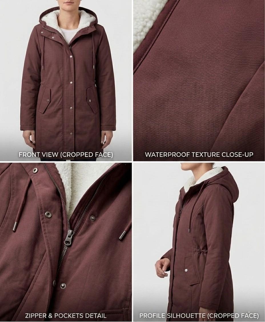 Burgundy waterproof parka with sherpa hood lining, zip front, and side pockets