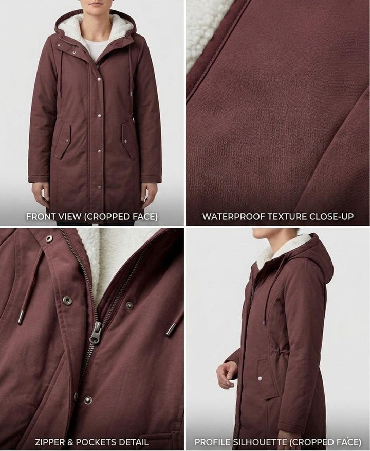 Burgundy waterproof parka with sherpa hood lining, zip front, and side pockets