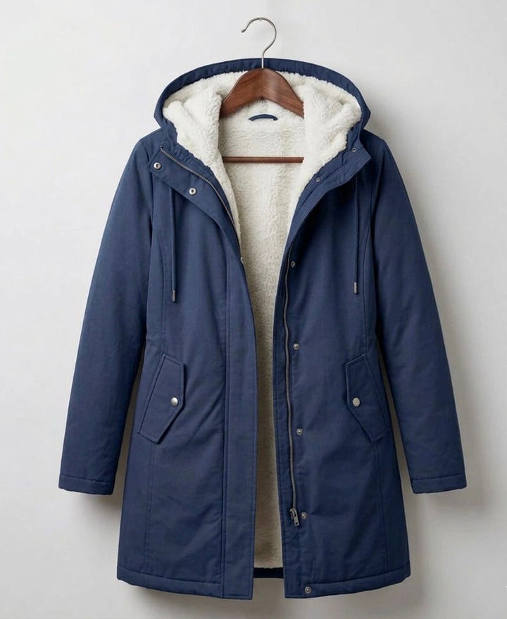 Midnight navy hooded weatherproof coat with sherpa lining, front zip and side pockets