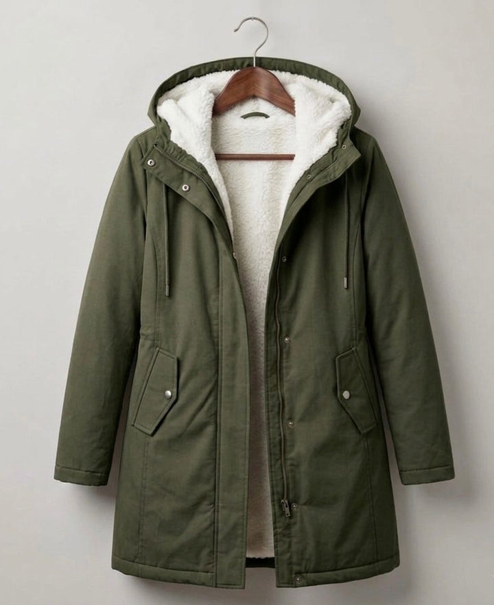Forest green hooded weatherproof coat with sherpa lining, front zip and side pockets