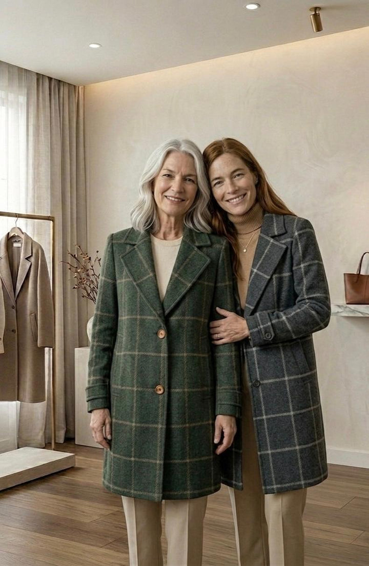 Green plaid tweed coat with notched lapel and button-front, long sleeves, modeled