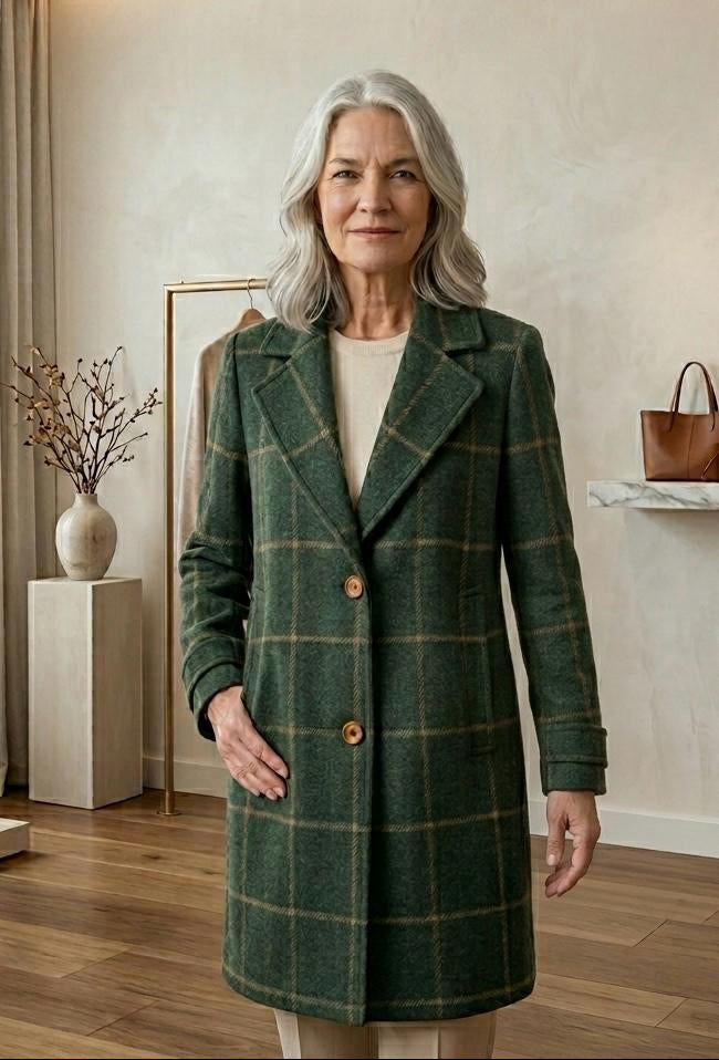 Dark green plaid tweed coat, knee-length with side pockets and button closure