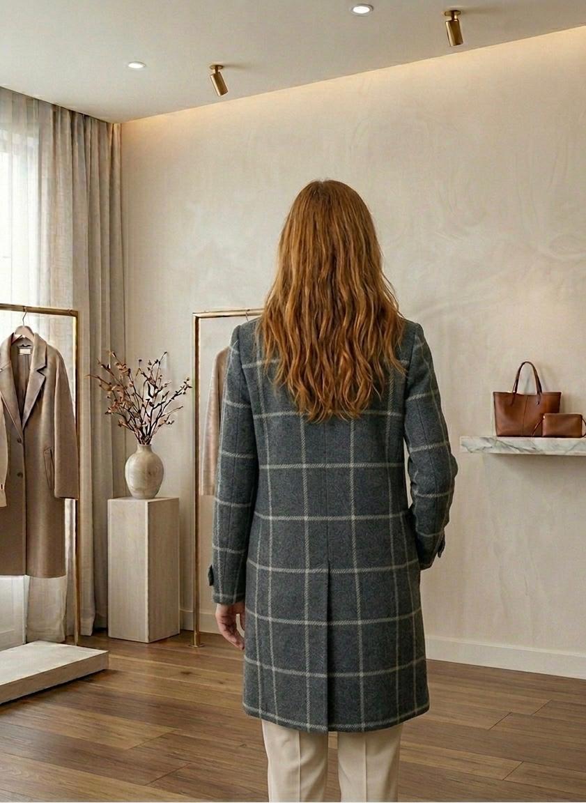 Back view of charcoal blue plaid tweed coat with full-length sleeves