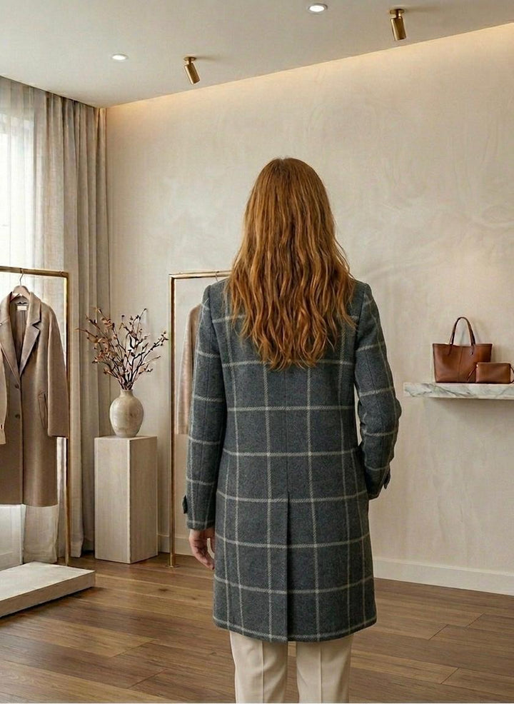 Back view of charcoal blue plaid tweed coat with full-length sleeves