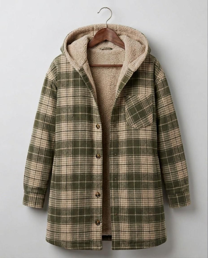 Green and beige plaid hooded flannel shacket with sherpa-lined hood and button placket