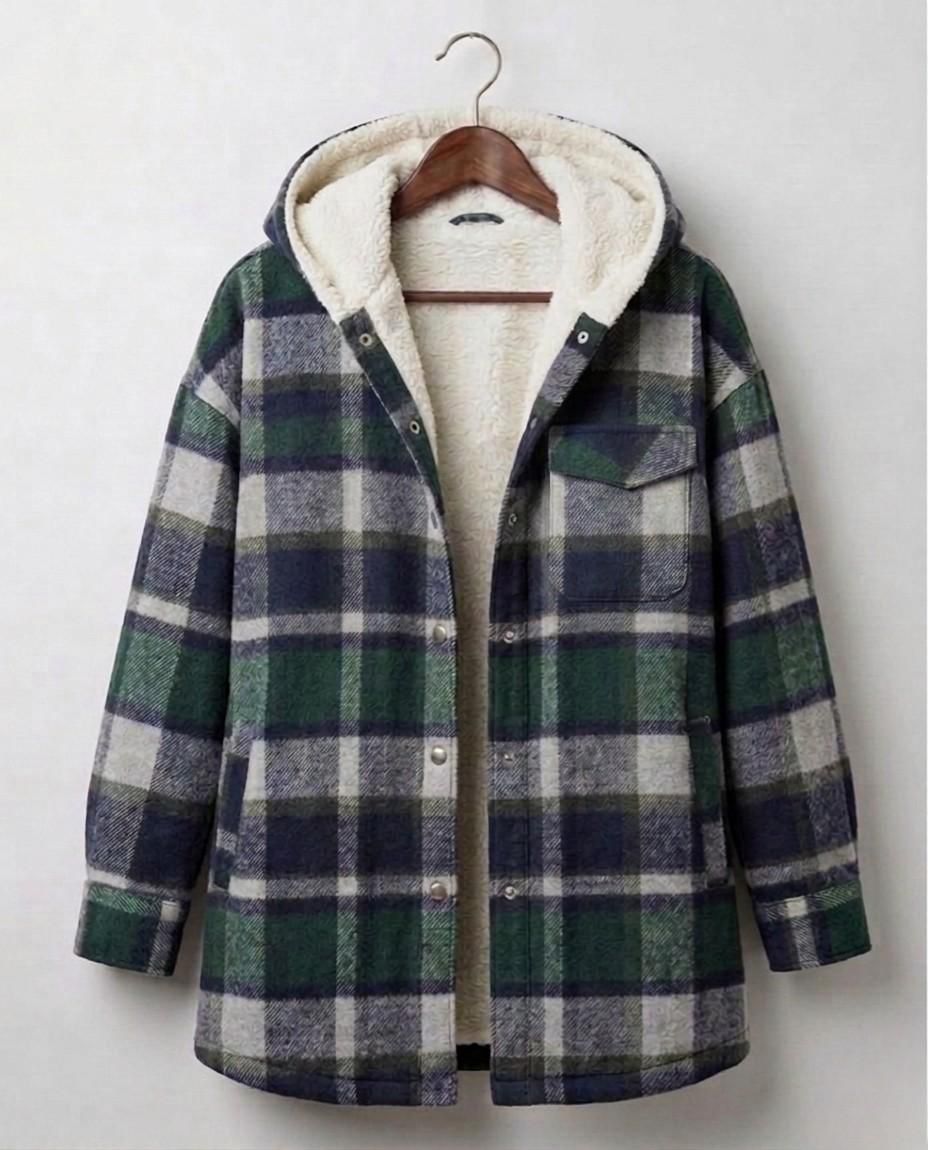 Hooded flannel shacket on hanger in green and cream plaid with cream sherpa hood lining