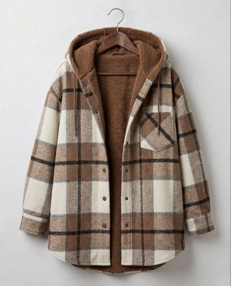 Hooded flannel shacket in tan-and-brown plaid with brown sherpa hood lining