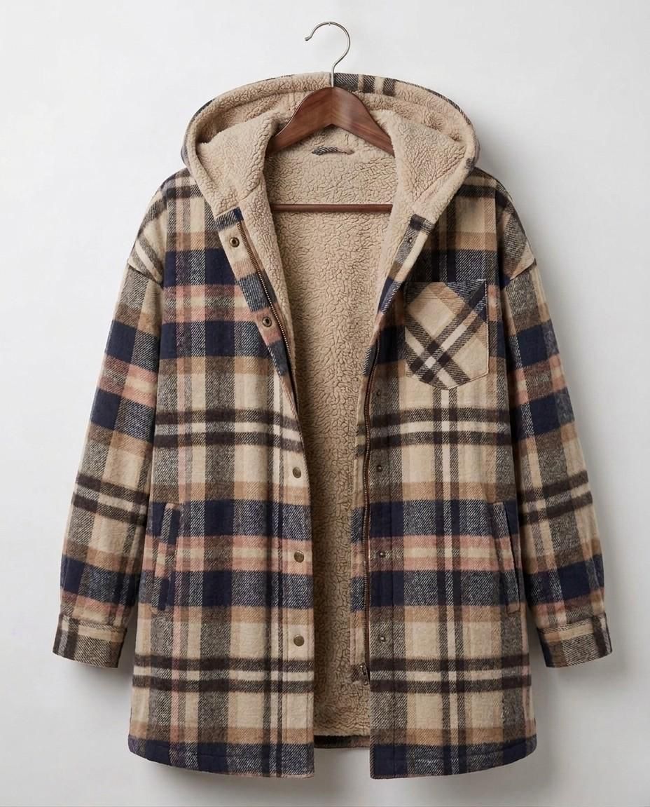 Hooded flannel shacket in beige-and-navy plaid with tan sherpa hood lining
