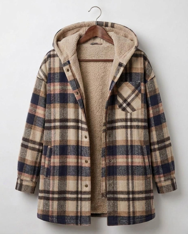 Hooded flannel shacket in beige-and-navy plaid with tan sherpa hood lining