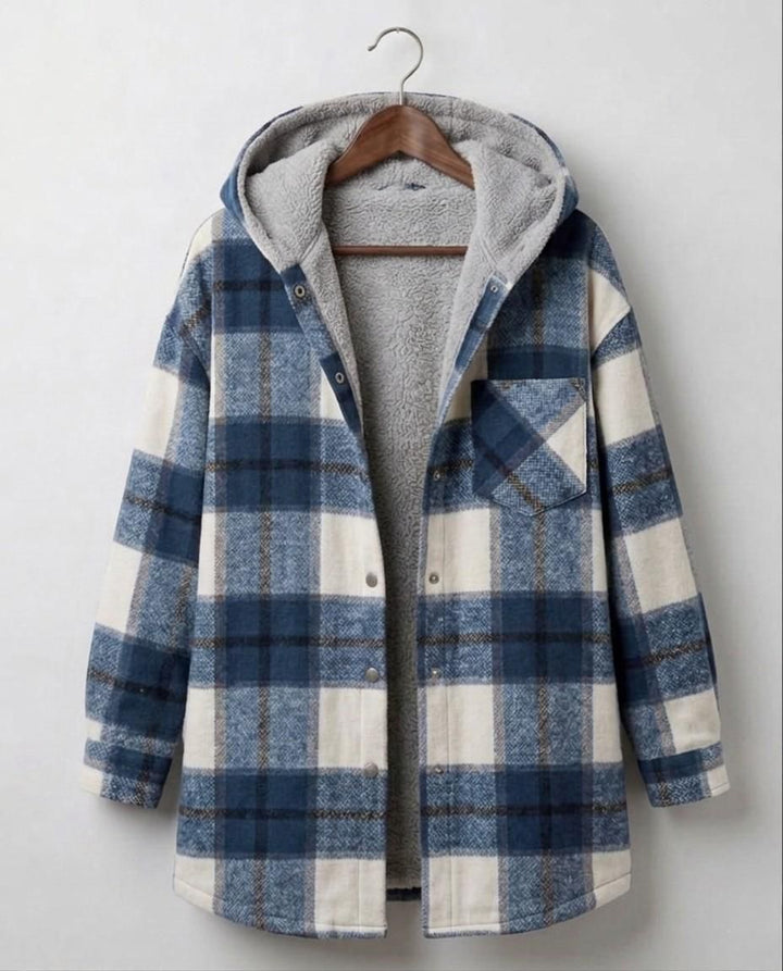 Hooded flannel shacket on hanger in blue and white plaid with gray sherpa hood lining