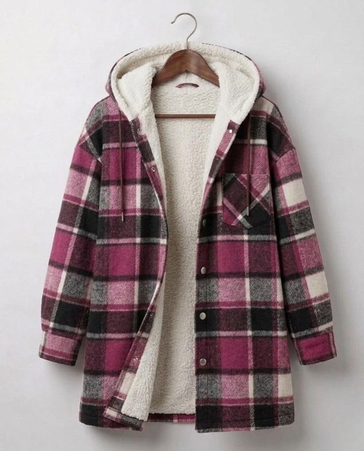 Hooded flannel shacket in pink-and-black plaid with cream sherpa lining