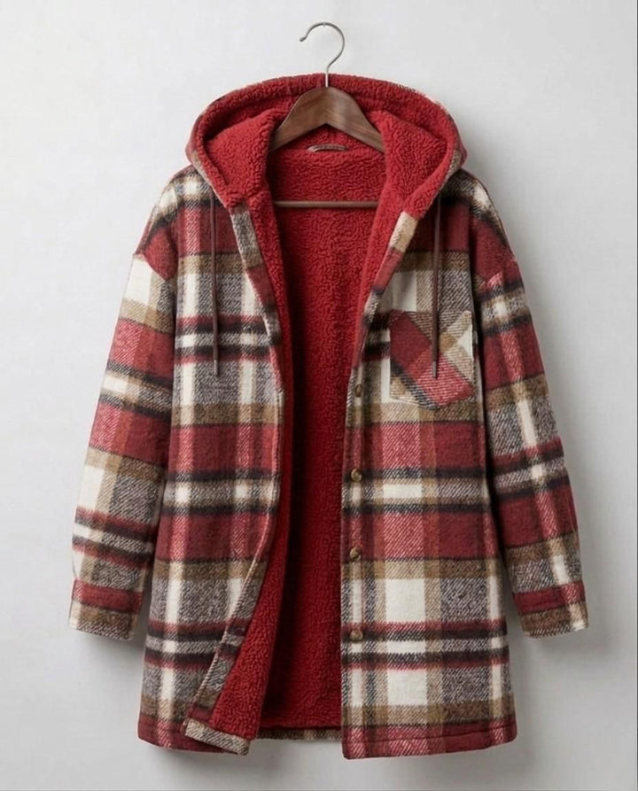 Hooded flannel shacket on hanger in burgundy and cream plaid with red hood lining