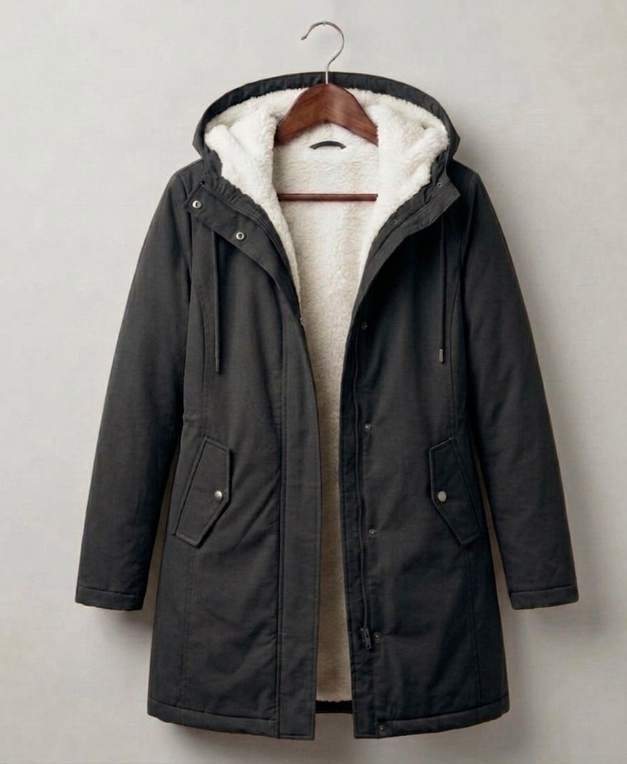Black waterproof long parka with sherpa-lined hood and front zip