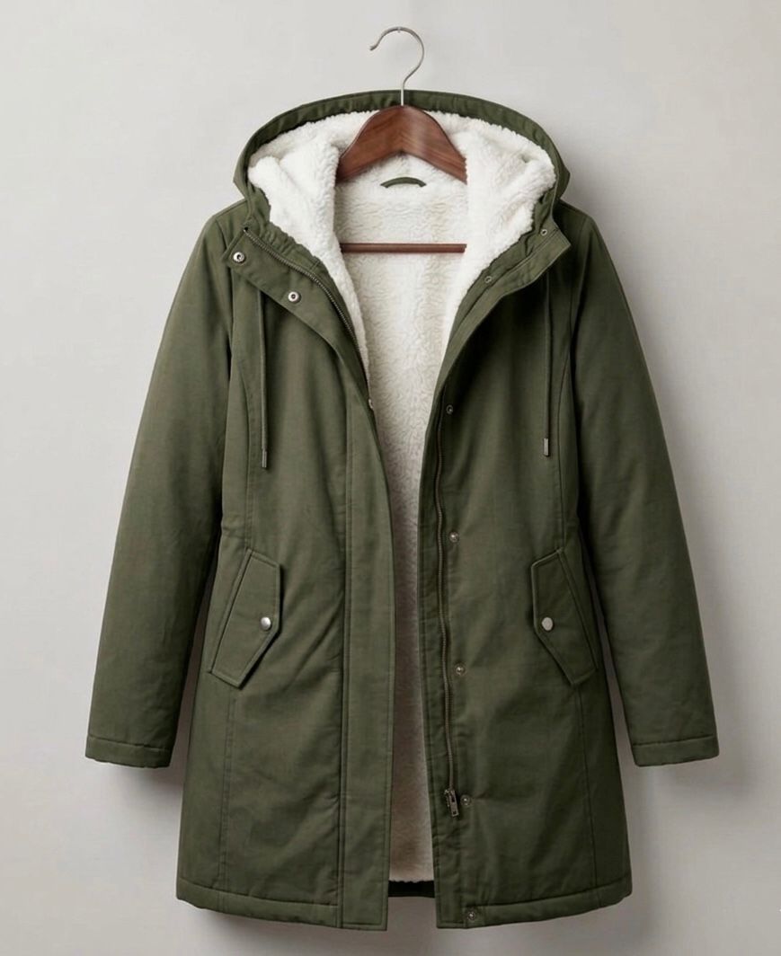 Waterproof long parka with hood, dark olive green outer shell, sherpa lining, zip front.