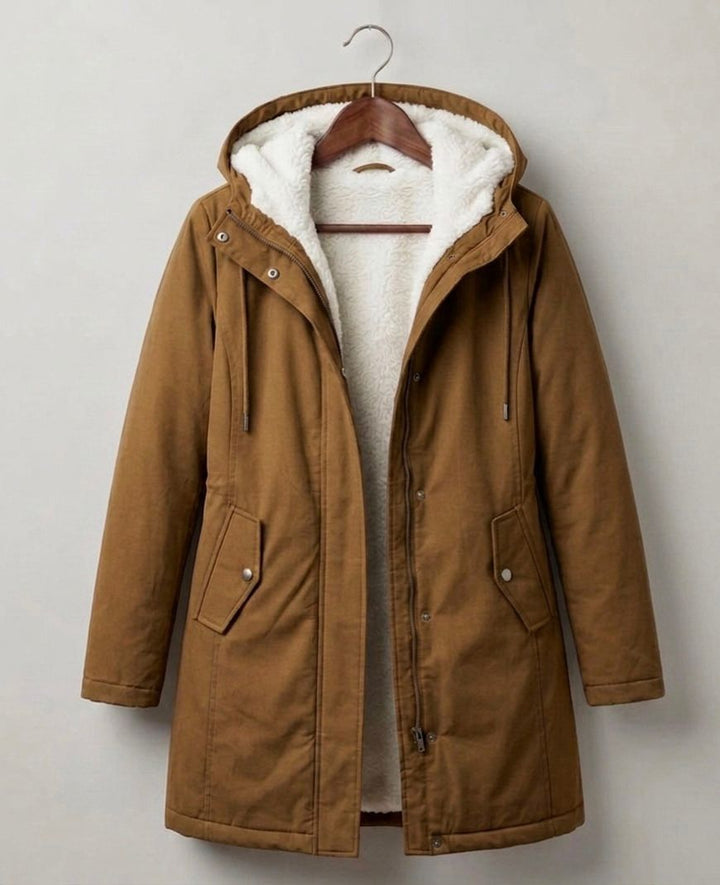 Waterproof long parka with hood, warm brown outer shell, sherpa lining, front zipper.