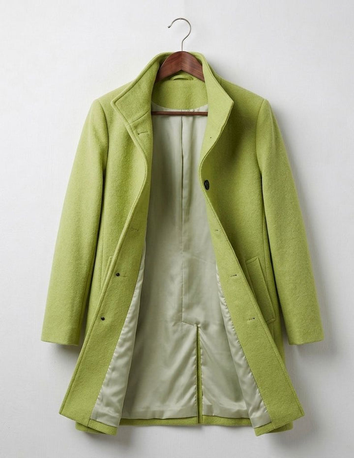 Light green long coat with notch lapels and front button closure, lined interior