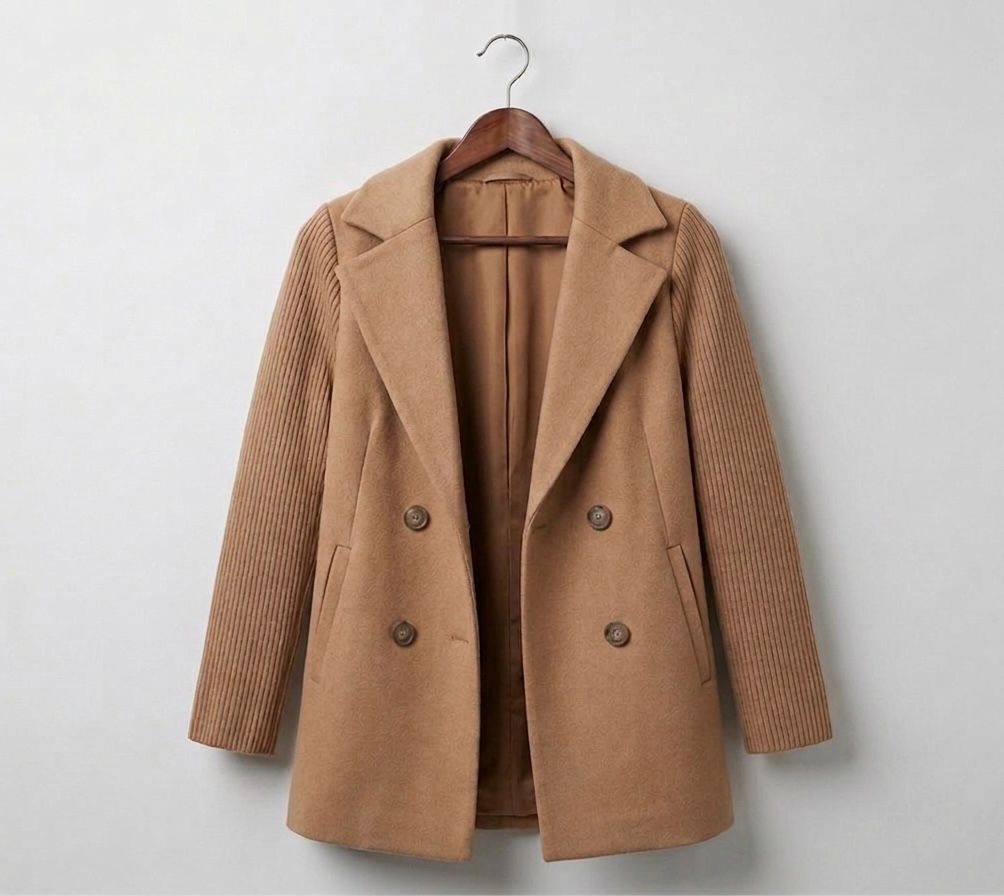 Brown ribbed blazer coat with double-breasted buttons and notched lapels