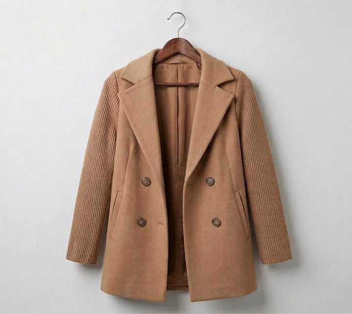Brown ribbed blazer coat with double-breasted buttons and notched lapels