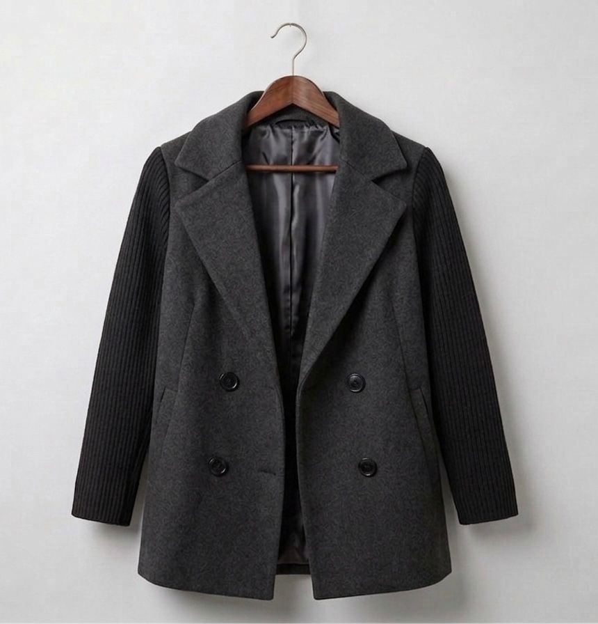 Dark grey ribbed blazer coat with notched lapels and double-breasted buttons
