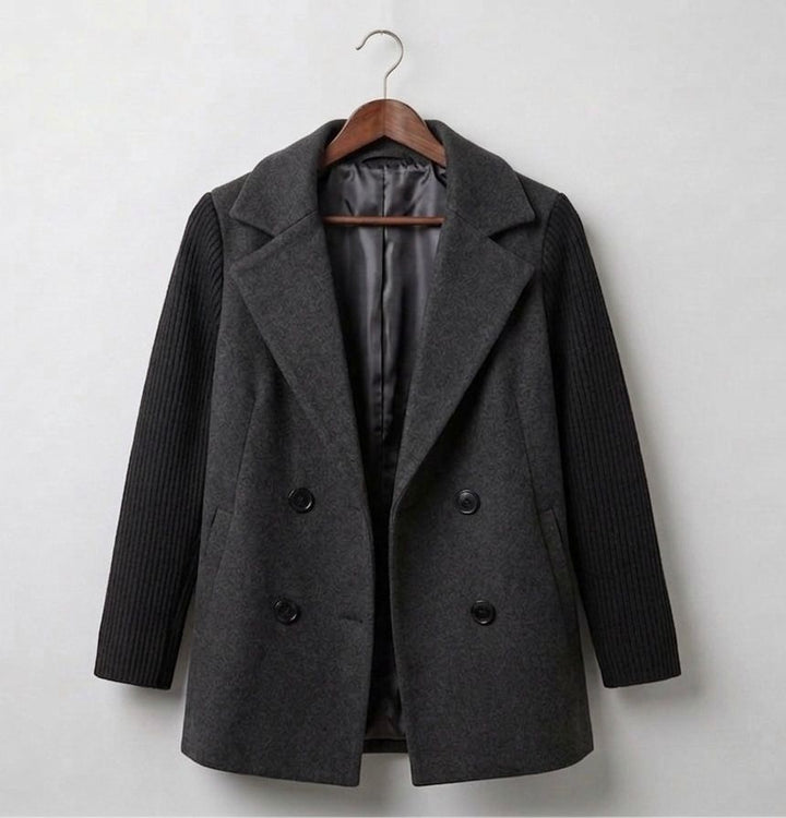 Dark grey ribbed blazer coat with notched lapels and double-breasted buttons