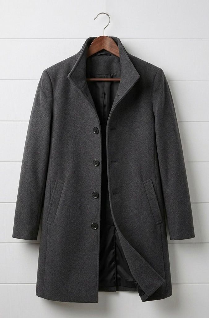 Dark grey long coat with notched lapels, button front, and side pockets