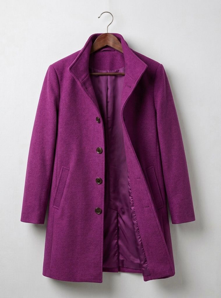 Purple long wool coat with notched lapels, button front, and side pockets
